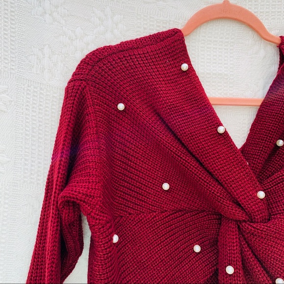 Pearl Detail Burgundy Knit Sweater Sz M - Picture 3 of 6